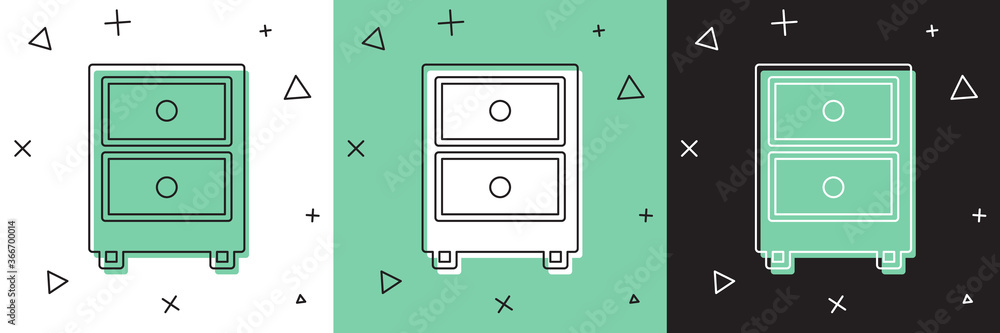 Set Drawer with documents icon isolated on white and green, black background. Archive papers drawer.