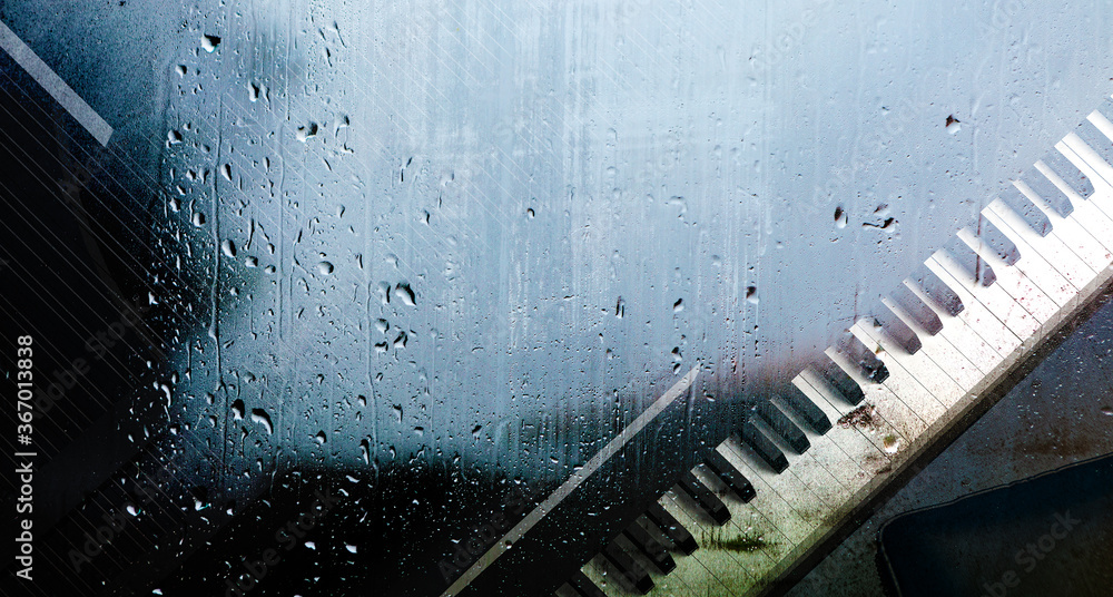 钢琴音乐概念抽象背景。3d插图。窗户后面的钢琴上有水滴