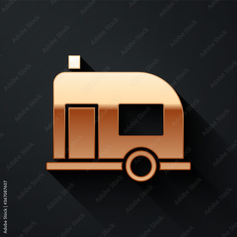 黑色背景上隔离的金色Rv露营拖车图标。旅行移动房屋、房车、家庭露营车