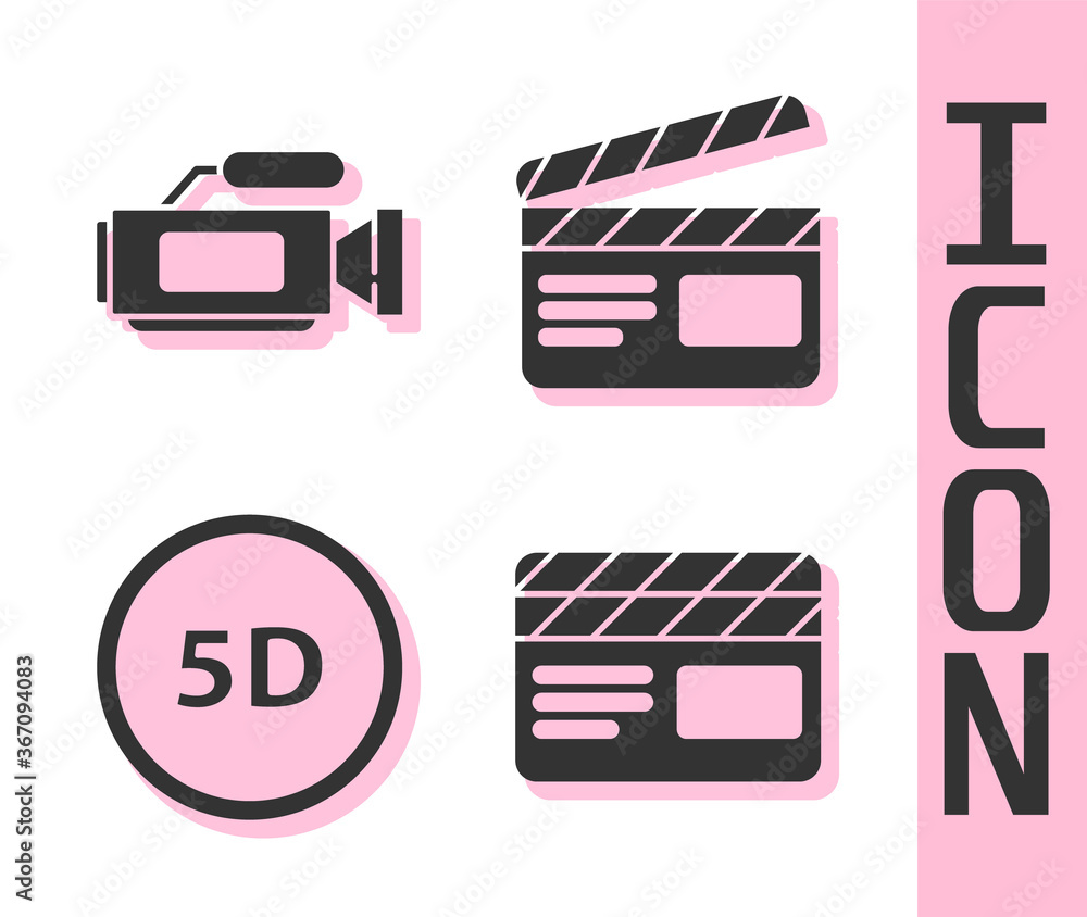 设置电影拍手器、电影摄像机、5d虚拟现实和电影拍手器图标。矢量。