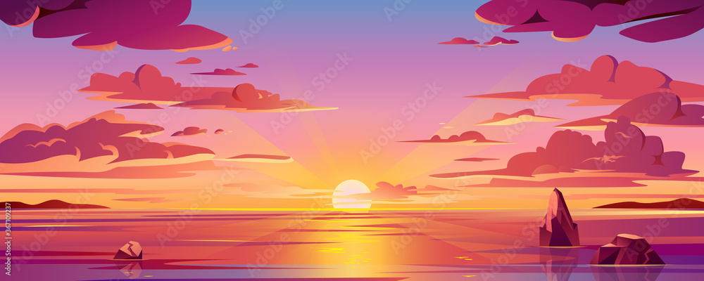 海洋日落或海洋日出的全景。水和天空地平线的矢量图，太阳反射率
