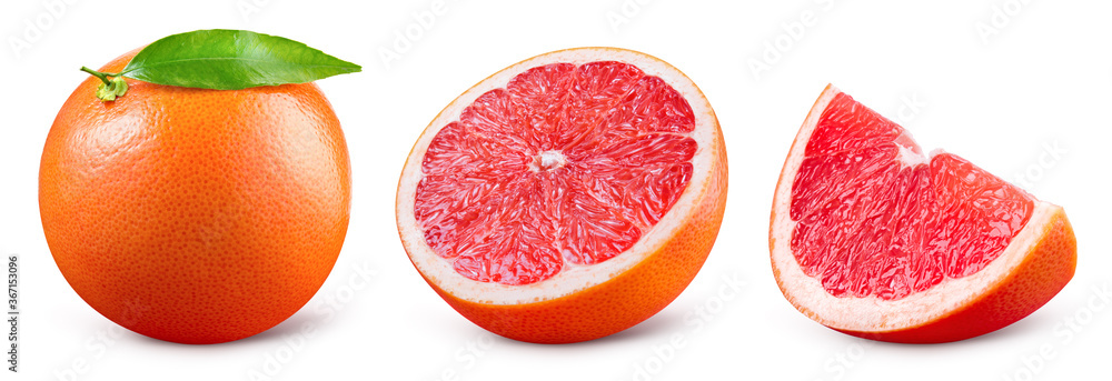 Grapefruit isolated. Pink grapefruit with leaf. Grapefruit whole, slice, half on white. Grapefruit s