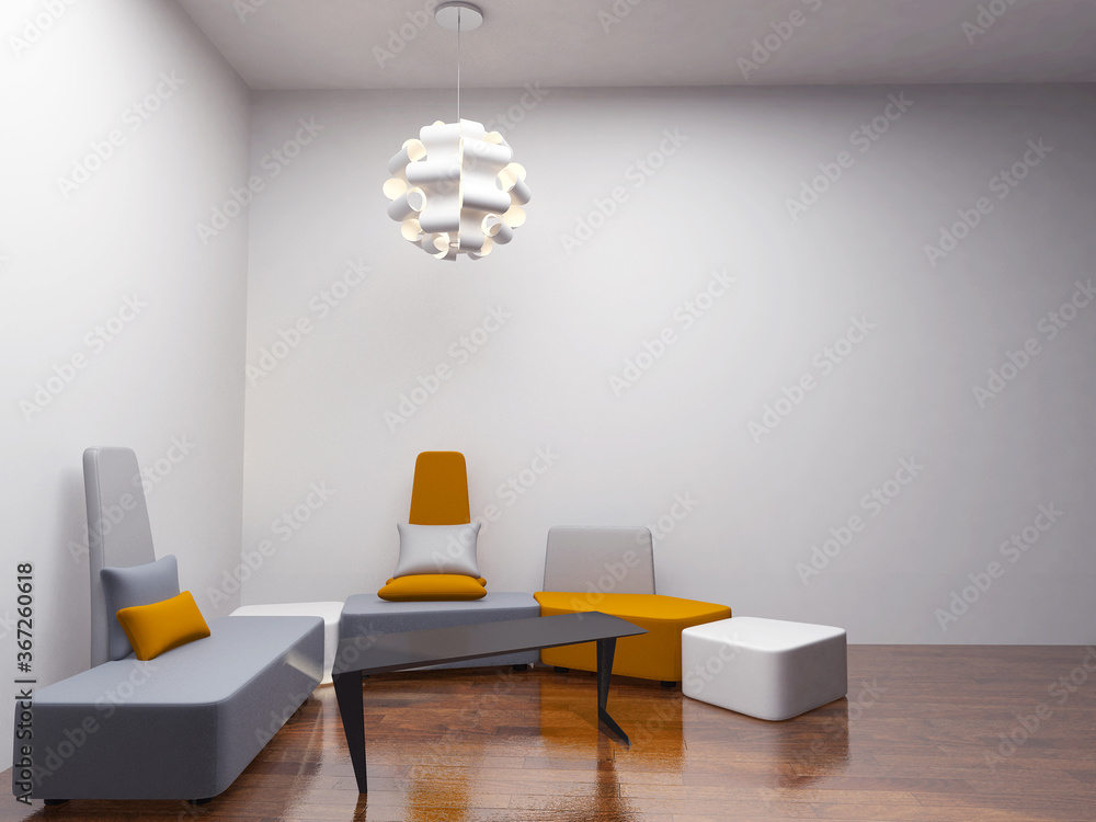 房间木地板上的现代豪华扶手椅，黄色沙发套装家具，室内概念图