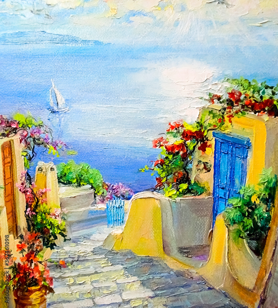 一个有街道和鲜花的小镇，明亮的背景是地中海
