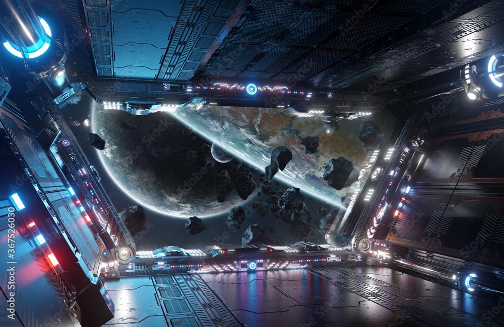蓝色和红色的未来宇宙飞船内部，行星上的窗户视图三维渲染