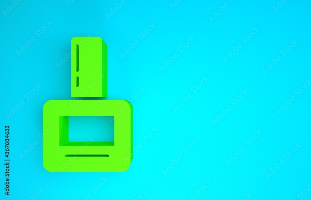 蓝色背景上隔离的绿色指甲油瓶图标。极简主义概念。3d插图3d re