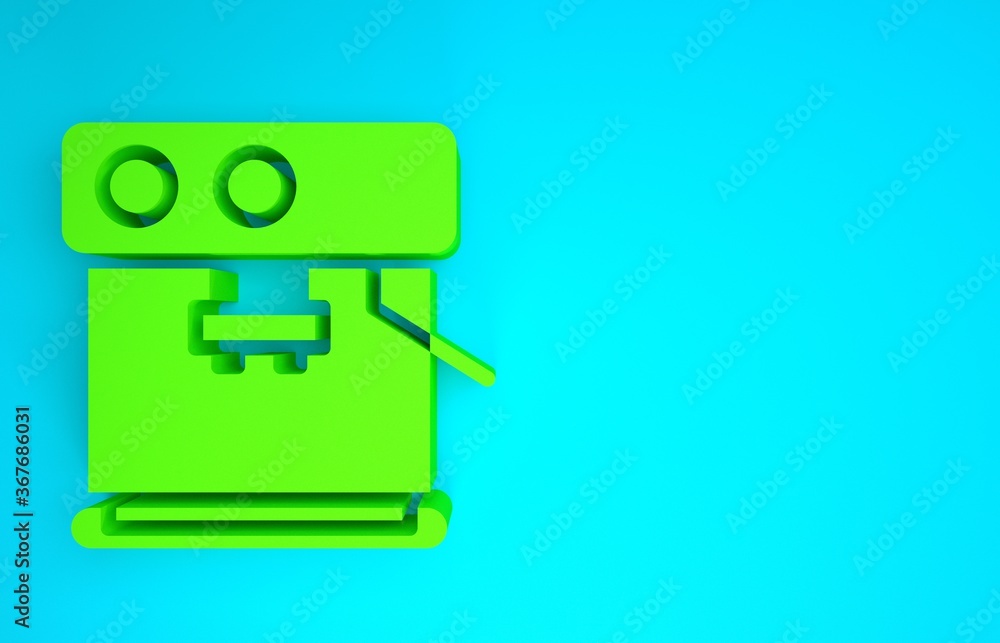绿色咖啡机图标隔离在蓝色背景上。极简主义概念。3d插图3d渲染