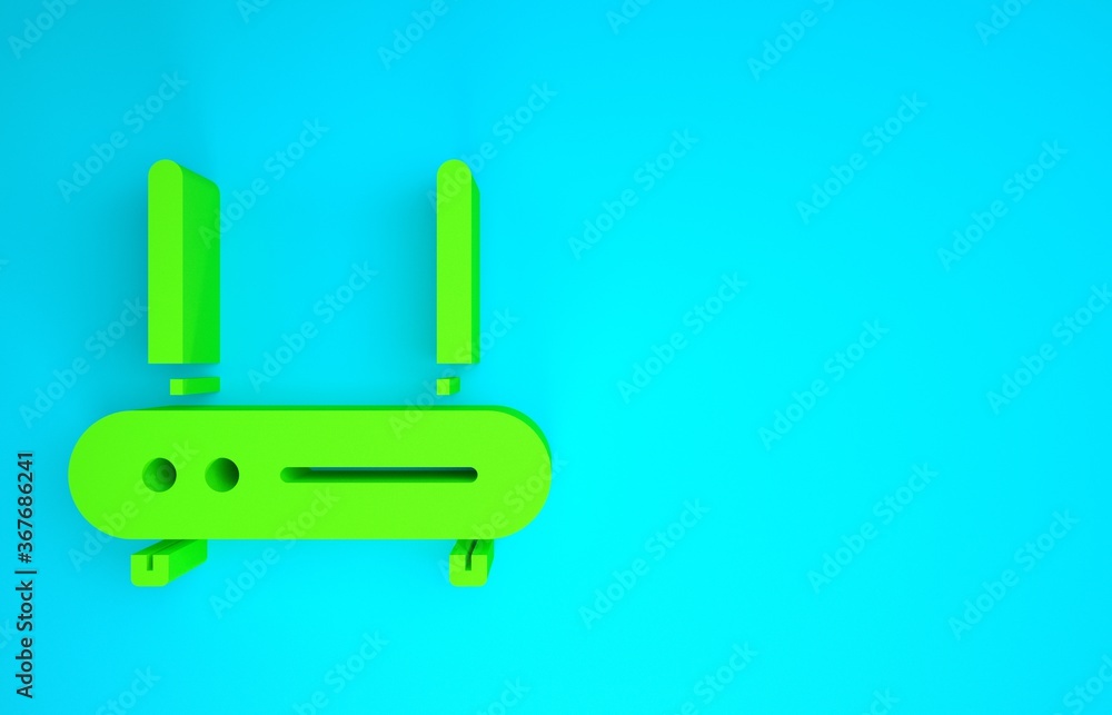 蓝色背景上隔离的绿色路由器和wi-fi信号图标。无线以太网调制解调器路由器。Comp
