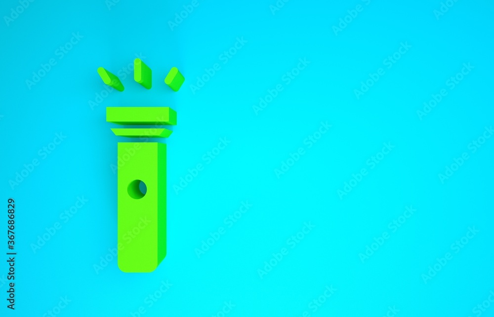 蓝色背景上隔离的绿色手电筒图标。极简主义概念。3d插图3d渲染。