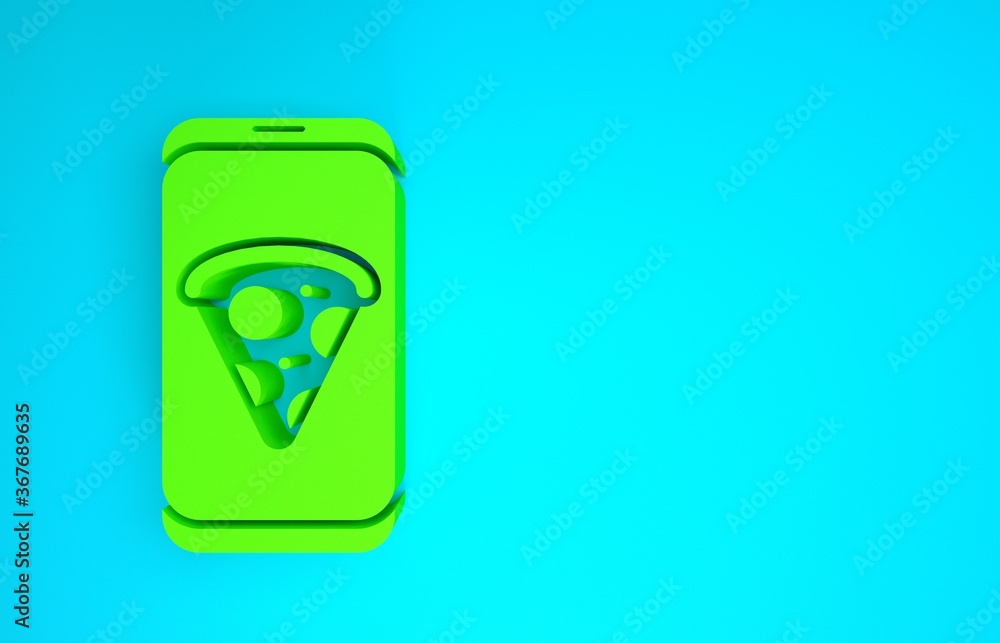 绿色食品点餐披萨图标隔离在蓝色背景上。用手机点餐。餐厅食物d
