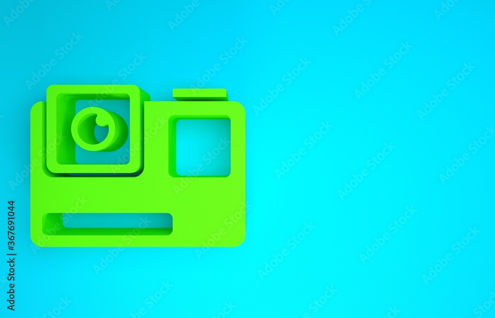 绿色行动极限摄像机图标隔离在蓝色背景上。用于拍摄文本的摄像机设备