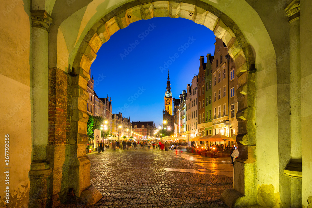 View from the Green Gate to the Long Street in Gdańsk by night, Poland