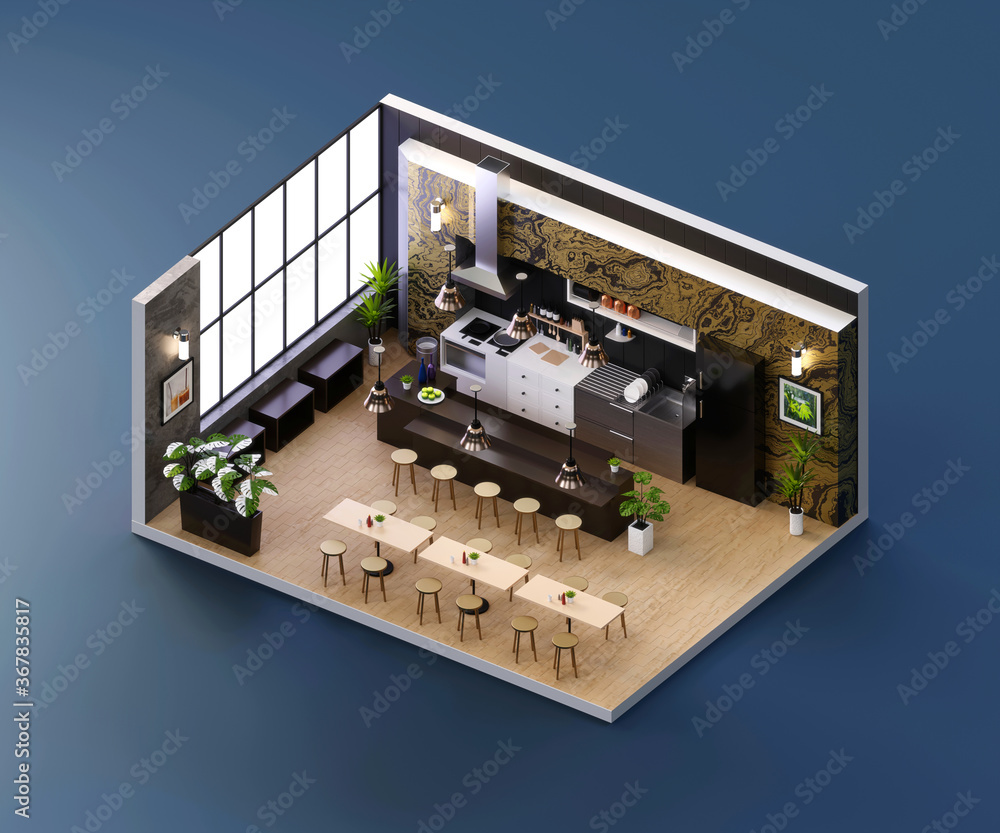 室内建筑内开放的等距视图餐厅，三维渲染。