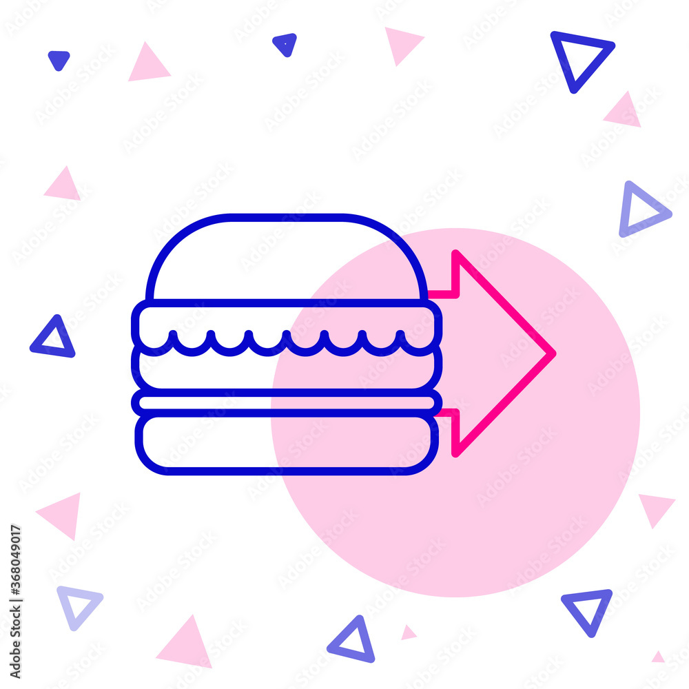 在线订餐和汉堡配送图标隔离在白色背景上。彩色轮廓概念