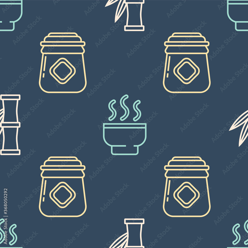 Set line Bamboo, Jar of honey and Chinese tea ceremony on seamless pattern. Vector.