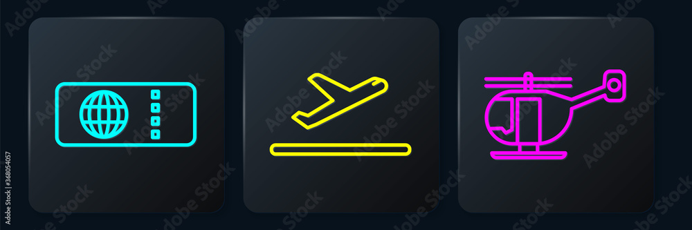 设定航线机票，直升机和飞机起飞。黑色方形按钮。矢量。