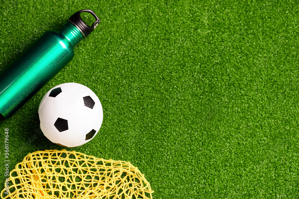 Soccer ball, bottle of water and net on green field