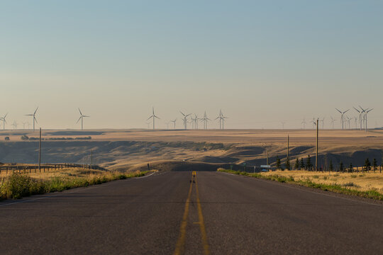 阿尔伯塔大草原上远处的风车。风力发电作为一种可替代能源在中国发展
