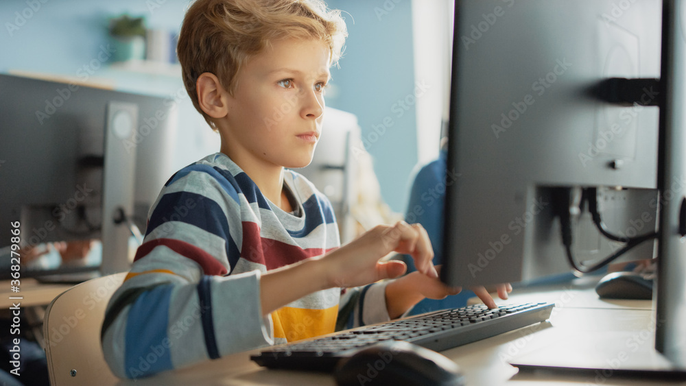 小学课堂：聪明男孩使用个人电脑，学习如何安全使用互联网，
