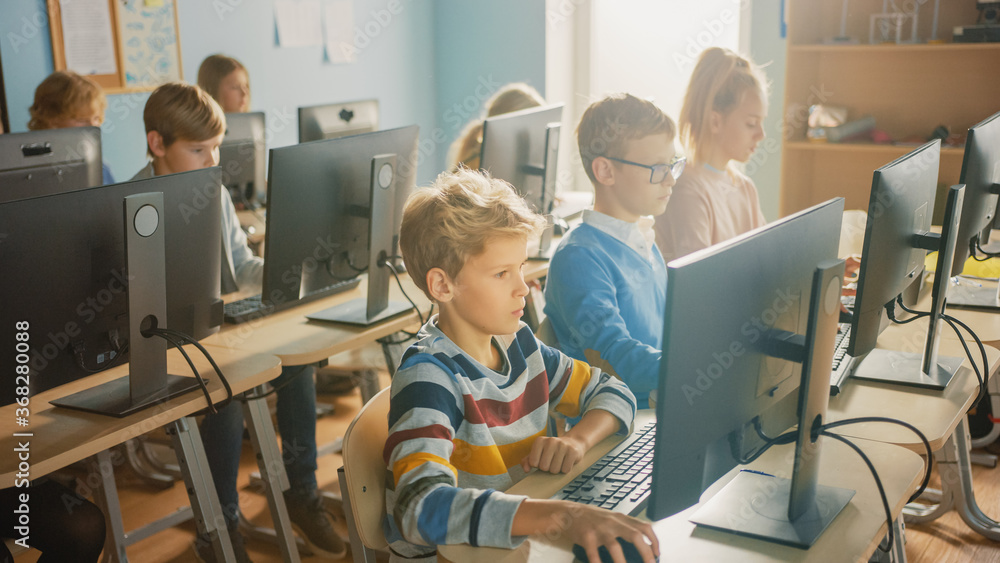 Elementary School Computer Science Classroom: Diverse Group of Little Smart Schoolchildren using Per