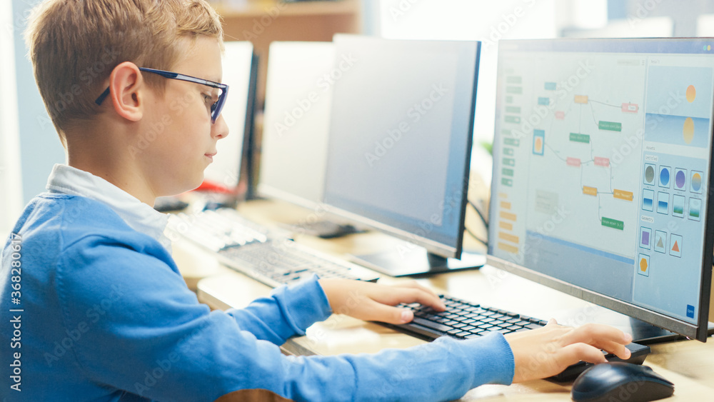 小学计算机科学课堂：戴眼镜的可爱小男孩使用个人电脑