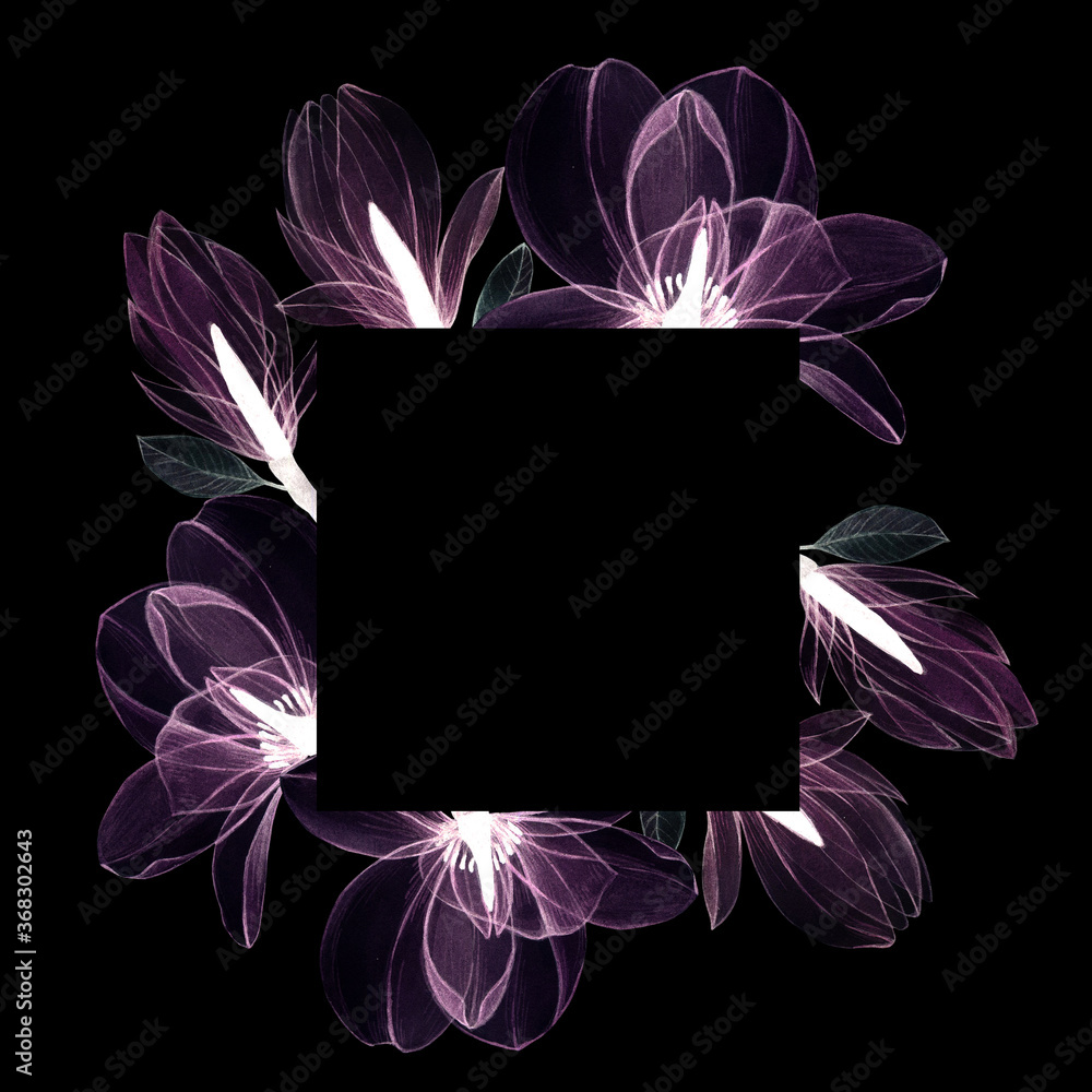 square frame of watercolor transparent magnolia flowers inversion. x-ray of flowers, white and pink 