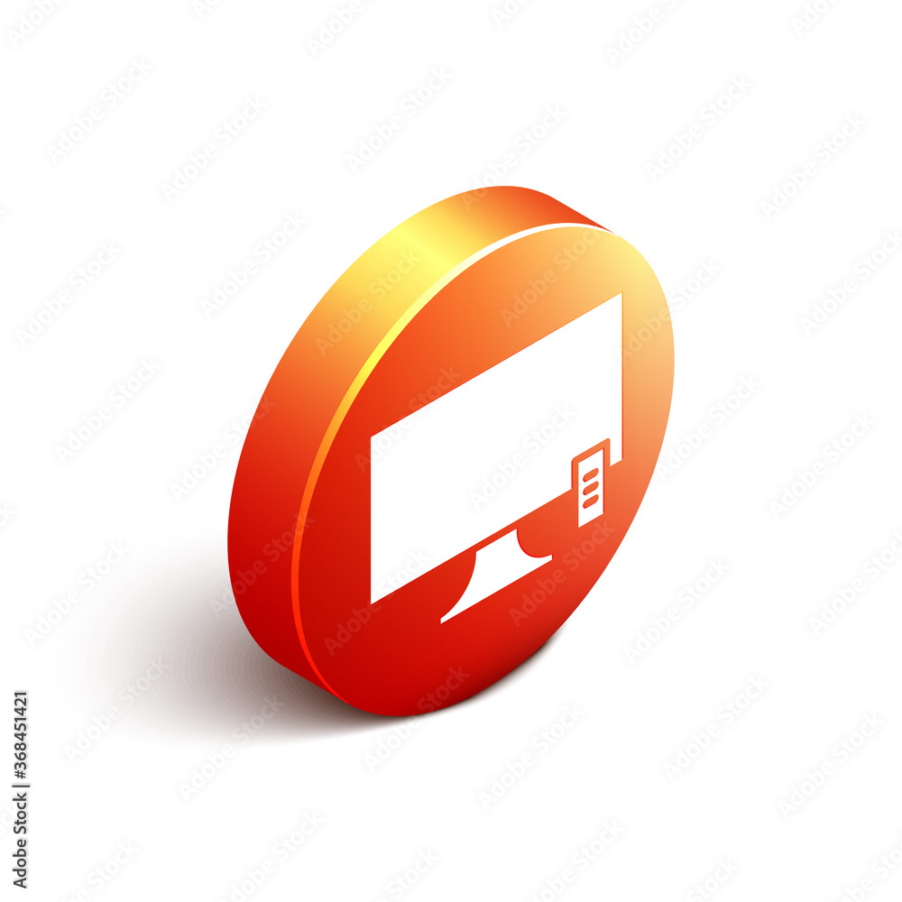 白色背景上隔离的等距智能电视图标。电视标志。橙色圆圈按钮。矢量
