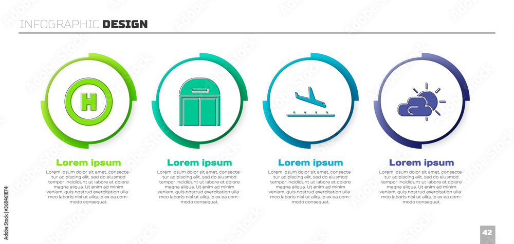 Set Helicopter landing pad, Aircraft hangar, Plane landing and Sun and cloud weather. Business infog