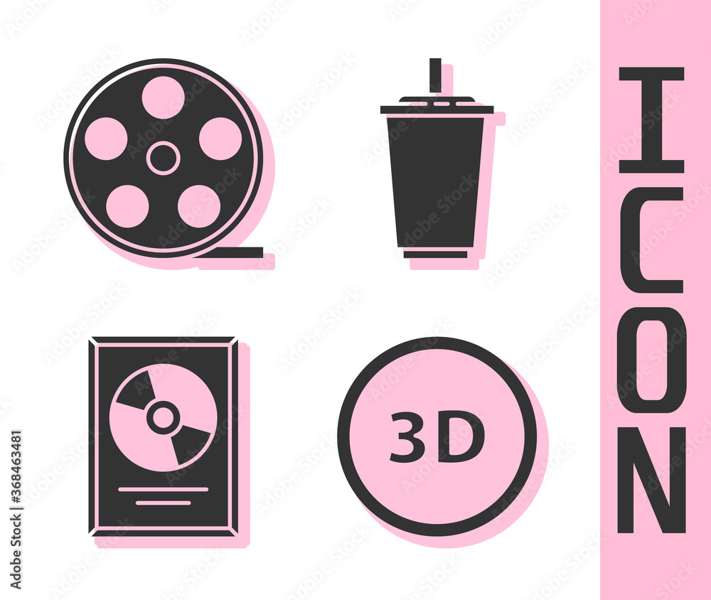 Set 3D word, Film reel, CD disk award in frame and Paper glass with water icon. Vector.