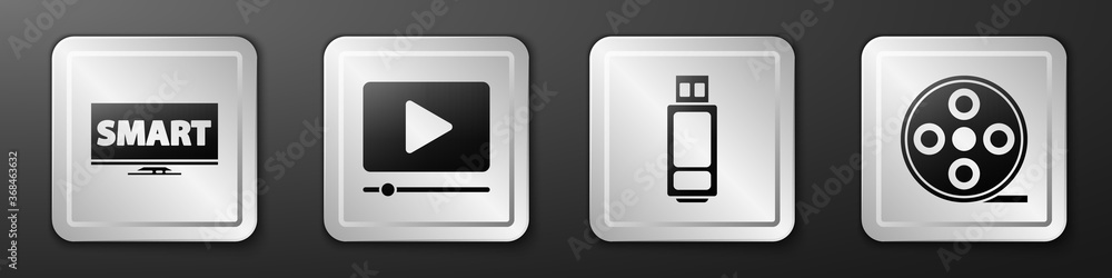Set Screen tv with Smart video, Online play video, USB flash drive and Film reel icon. Silver square