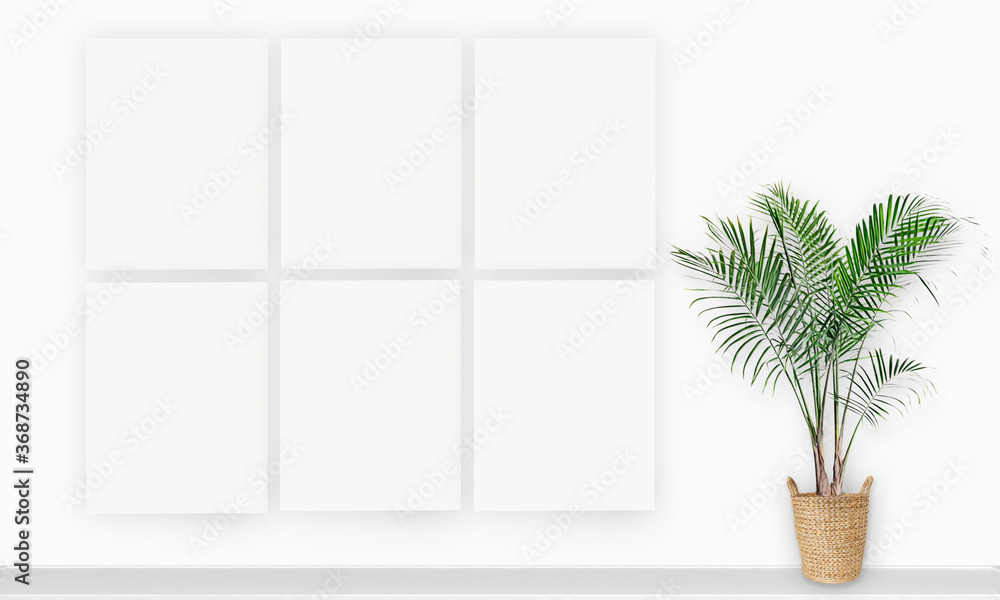 六个室内垂直矩形海报模型，空白墙背面有植物和装饰