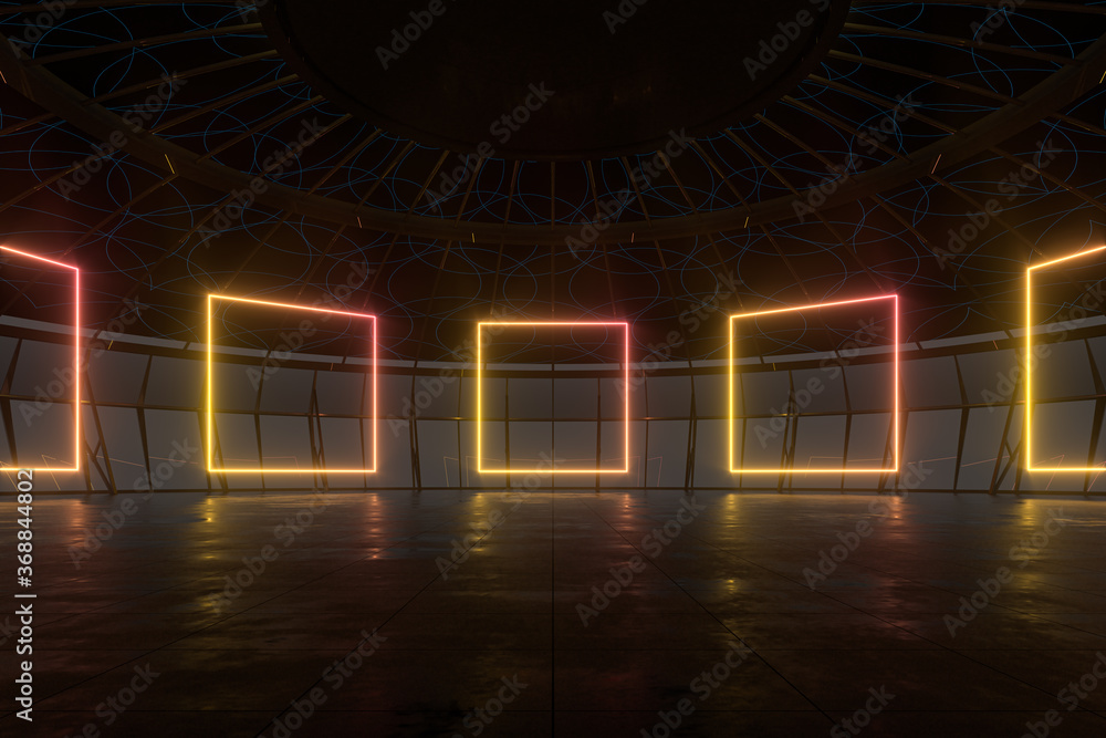 圆形暗室，内部有金色发光框架，三维渲染。