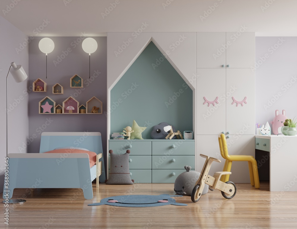 Mock up childrens bedroom with a roof house and white walls.