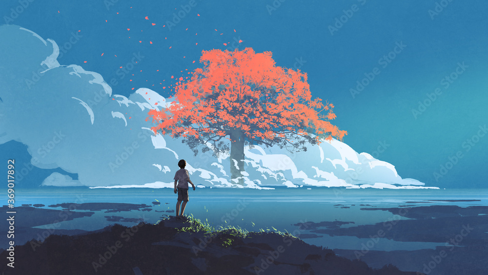小男孩看着地平线上的巨型秋树，数字艺术风格，插图绘画