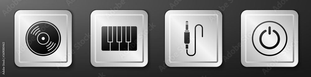Set Vinyl disk, Music synthesizer, Audio jack and Power button icon. Silver square button. Vector.