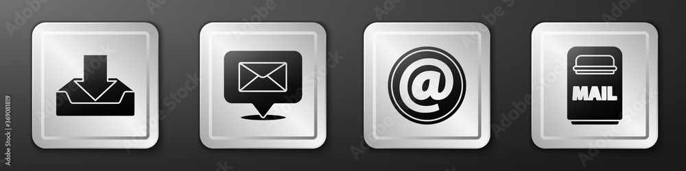 Set Download inbox, Speech bubble with envelope, Mail and e-mail and Mail box icon. Silver square bu