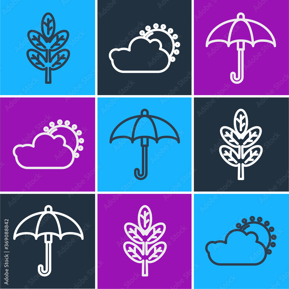 Set line Leaf or leaves, Umbrella and Sun and cloud weather icon. Vector.