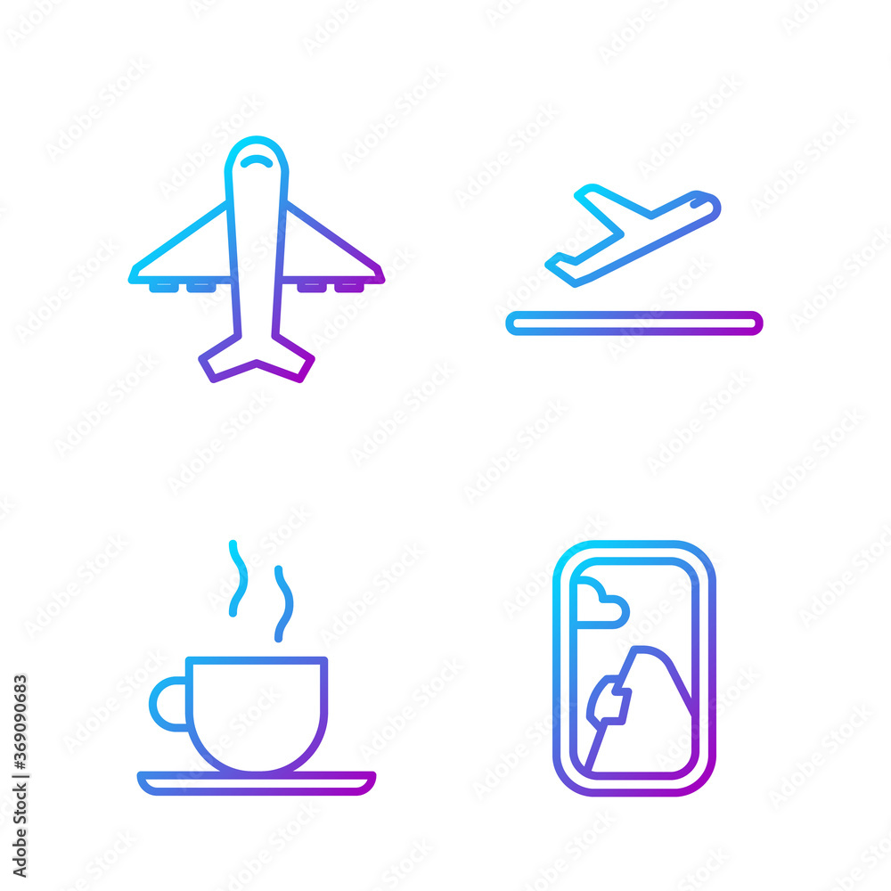 设置飞机窗口，咖啡杯，飞机和飞机起飞。渐变色图标。矢量。