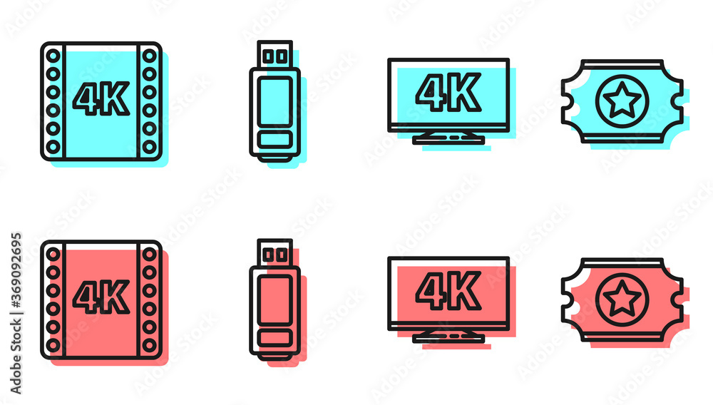 Set line Screen tv with 4k, 4k movie, tape, frame, USB flash drive and Cinema ticket icon. Vector.