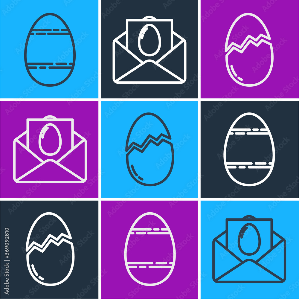 设置复活节彩蛋、碎鸡蛋和带有复活节快乐图标的贺卡。矢量。
