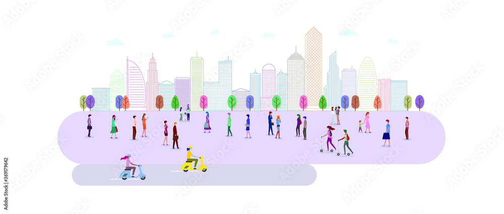 城市公园里的一群人。人们做出各种姿势，比如站着、走路、说话。