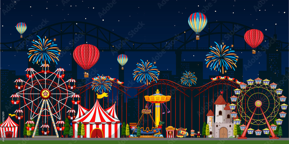 夜晚的游乐园场景，气球和烟花