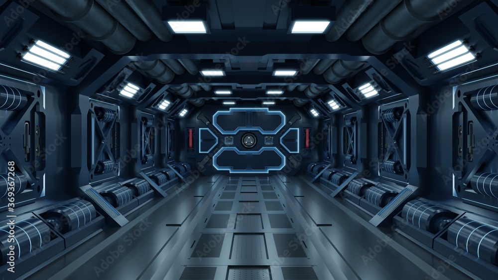 科幻背景小说室内室科幻宇宙飞船走廊蓝色。