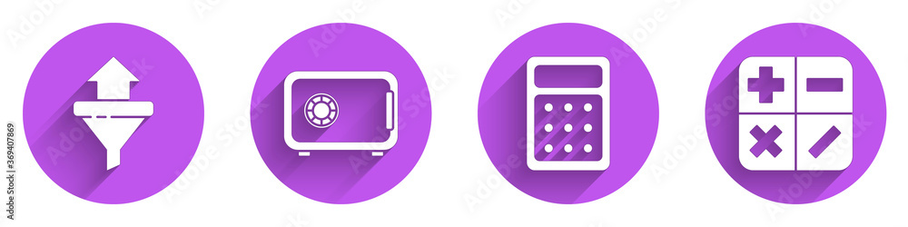 Set Sales funnel with arrows, Safe, Calculator and Calculator icon with long shadow. Vector.