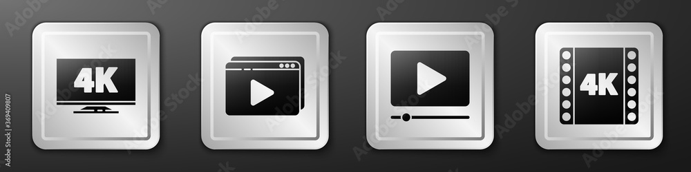 设置屏幕电视与4k，在线播放视频，在线播放的视频和4k电影，磁带，帧图标。银s