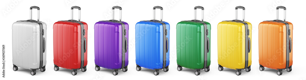 Stylish Colorful Suitcase on wheels isolated on white. Travel concept - suitcase 3d icon. 3d renderi