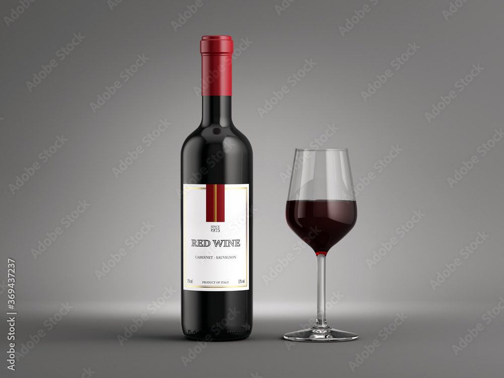 灰色背景下优雅的玻璃杯和一瓶红酒。3d渲染