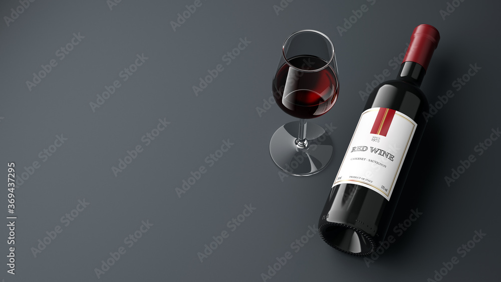 灰色背景下优雅的玻璃杯和一瓶红酒。三维渲染