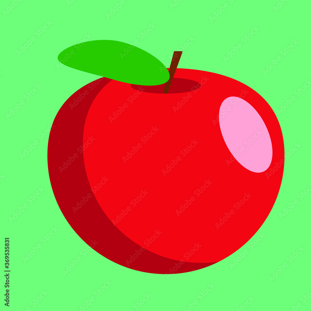 simple vector illustration of a red apple with green leaf and simple shadows on green background
