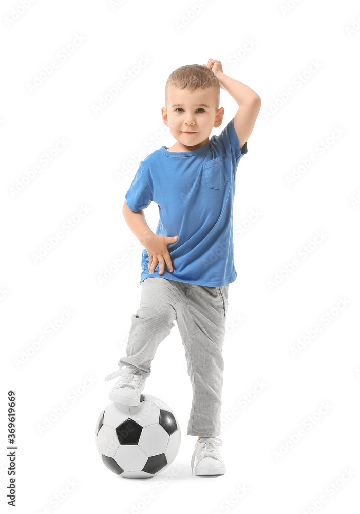 Cute little boy with ball on white background